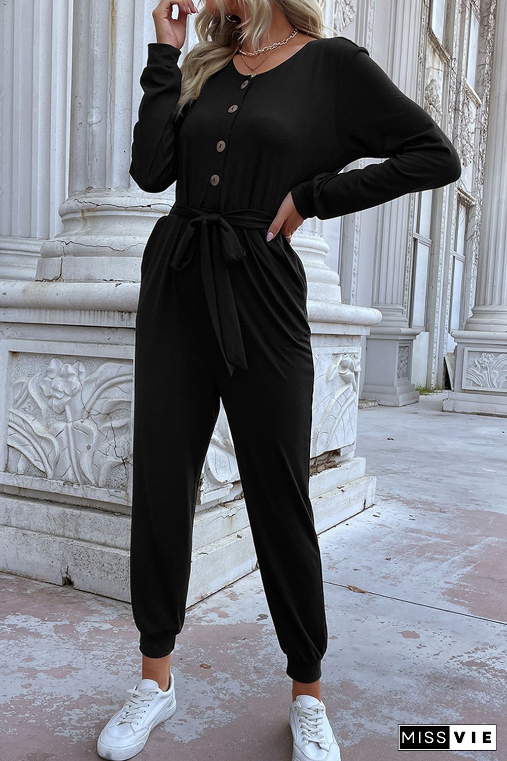 Black One Piece Jumpsuit with Waist Tie