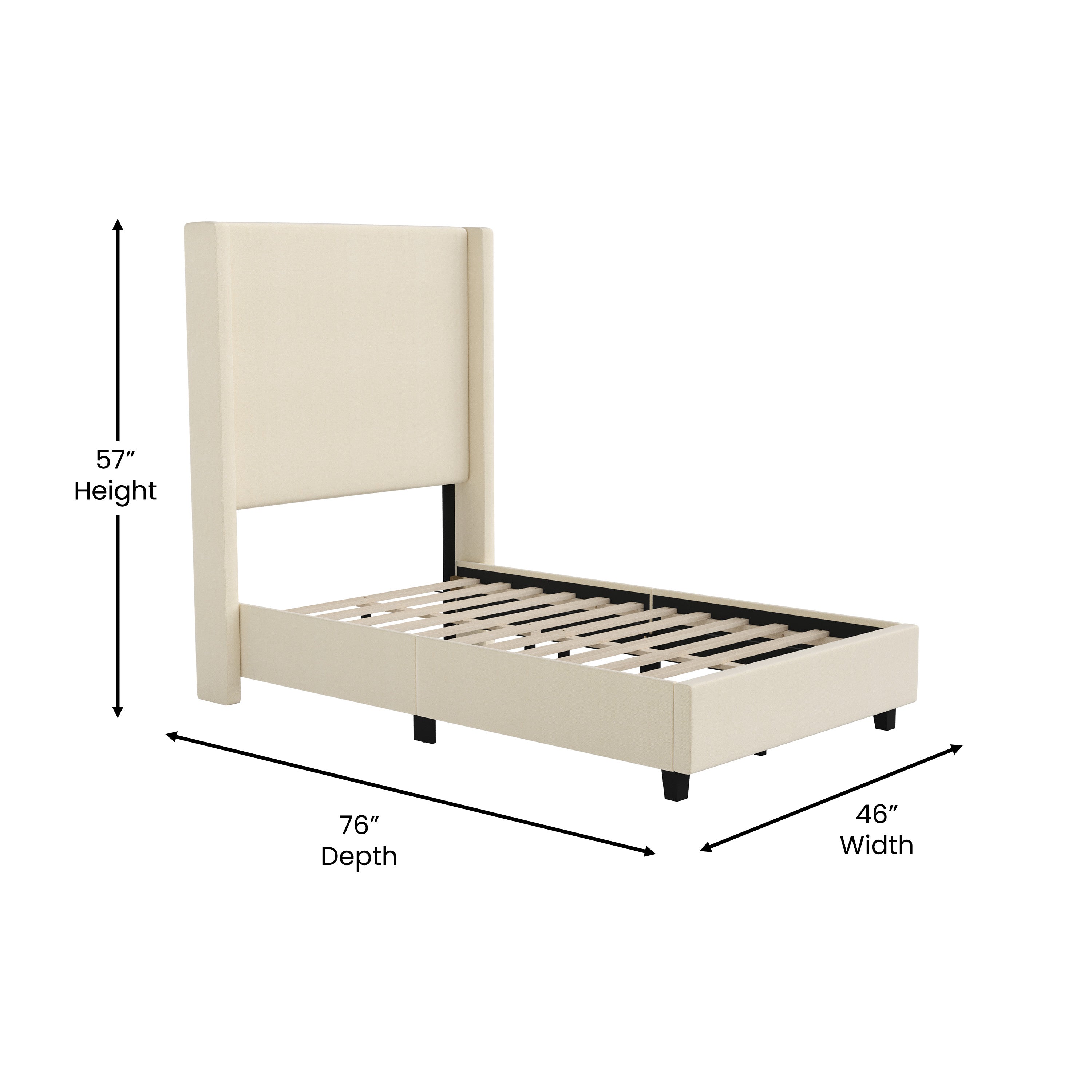 Merrick Lane Modern Twin Size Platform Bed Frame with Padded Faux Linen Upholstered Wingback Headboard and Wood Support Slats in Beige