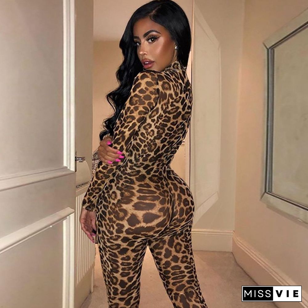 Fashion Round Neck Leopard Jumpsuit Women Long Sleeve Tight Fitness Zipper Jumpsuit