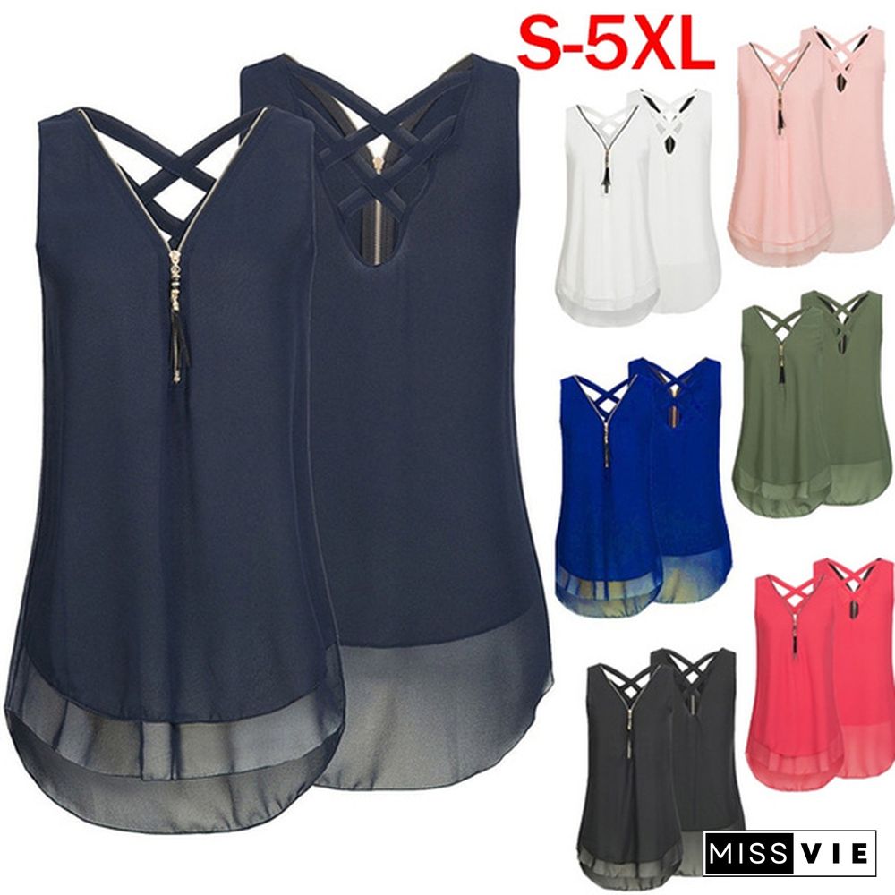 New Sleeveless Chiffon Tank Top Cross Back Hem Layed Zipper V-neck T Shirts Plus Size S-5XL