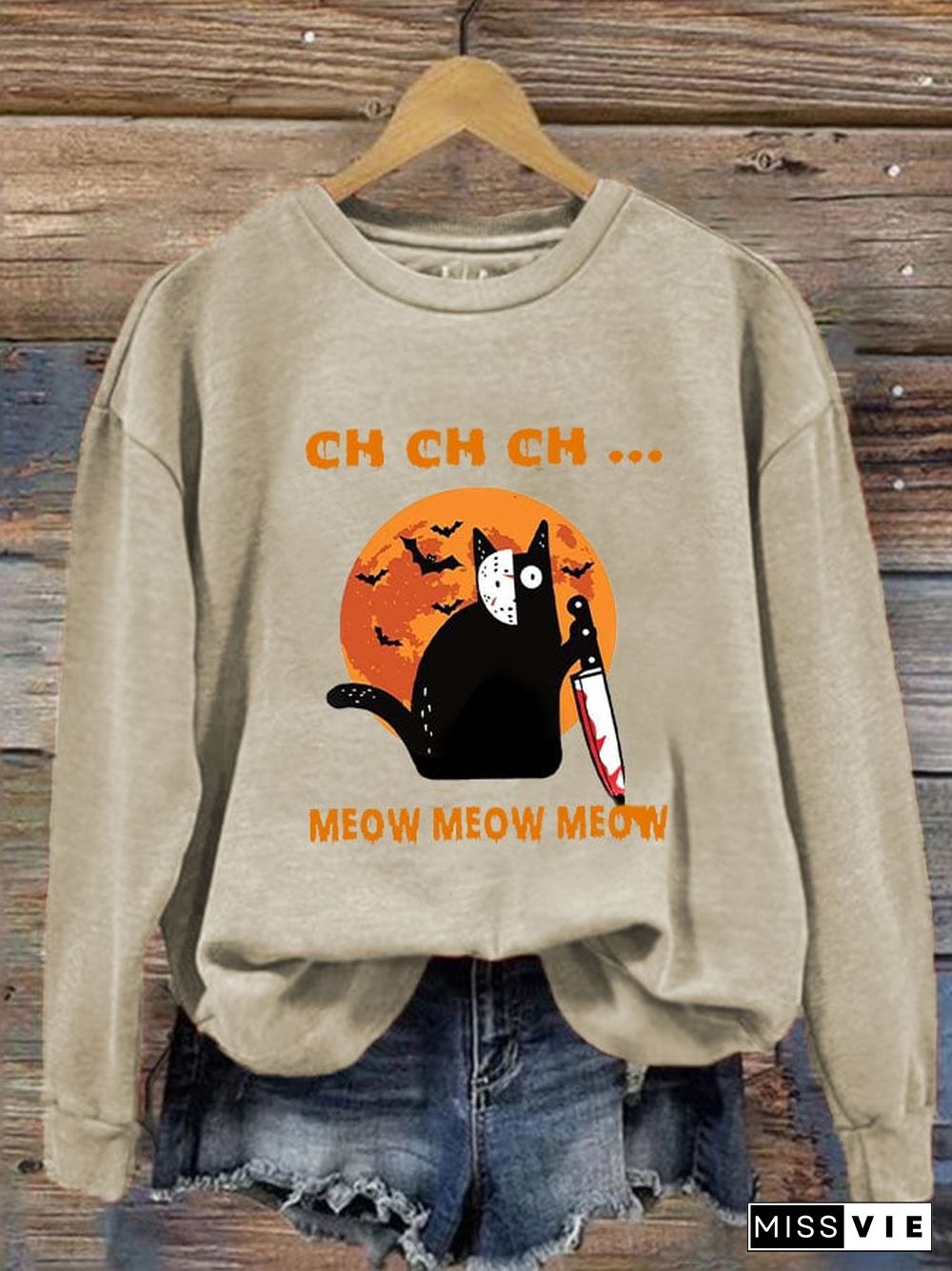 Women's Halloween Bats Black Cat Prnted Sweatshirt