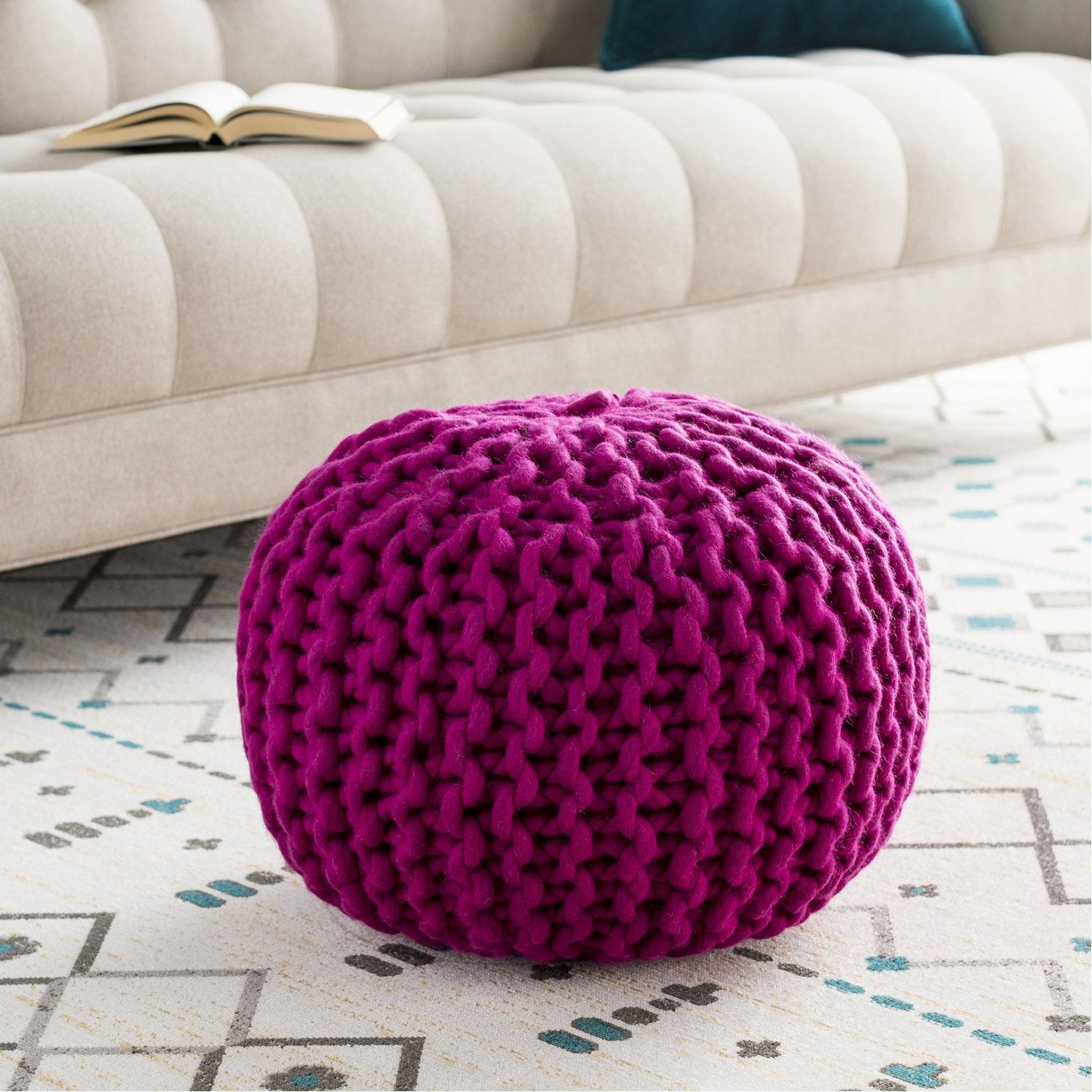 Fargo Wool pouf in Bright Purple color