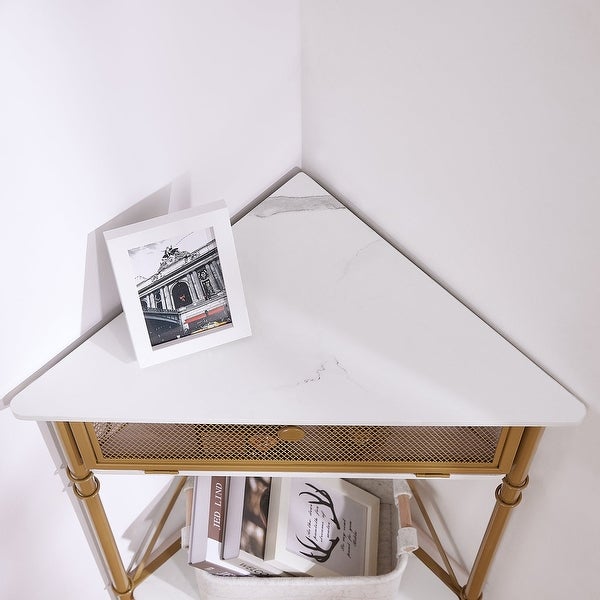 Set of 2 Industrial Triangle Side Table Corner Table with Storage Shelf， Rustic Brown