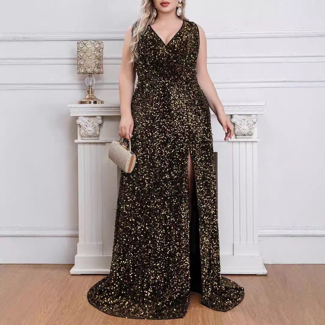 Sexy V-neck sequined floor-length evening dress elegant sleeveless slit banquet party dress