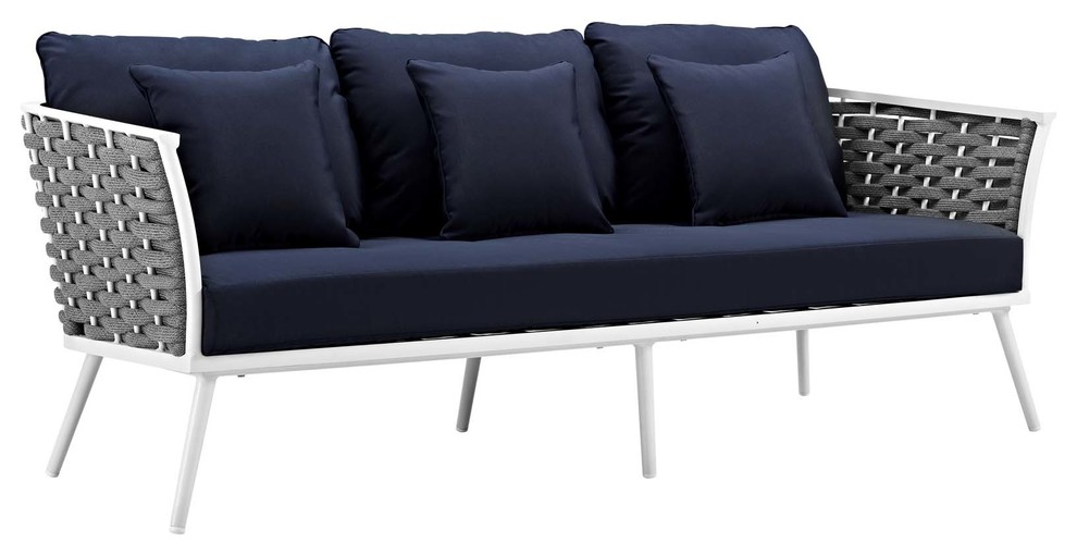 Stance 2 Piece Outdoor Patio Aluminum Sectional Sofa Set  White Navy   Midcentury   Outdoor Sofas   by Kolibri Decor  Houzz