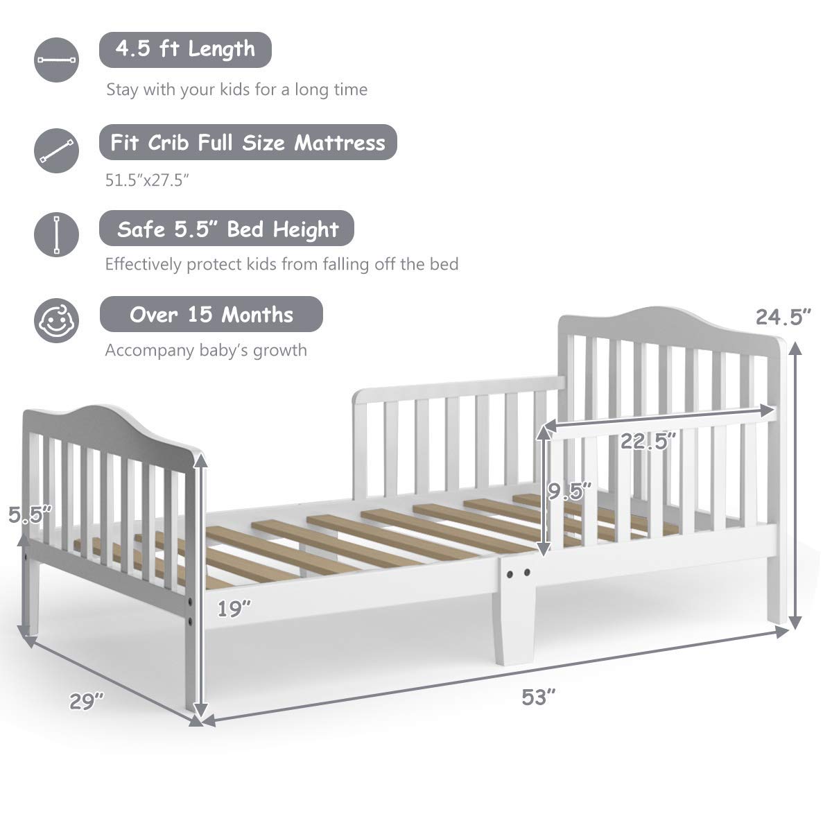 Toddler Bed, Classic Design Rubber Wood Kids Bed