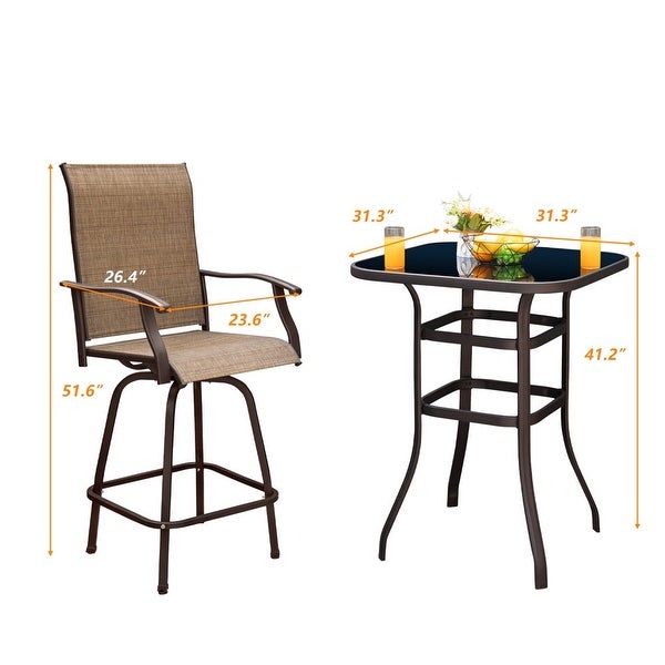 3PCS Textilene Swivel Bar Sets， High Bistro Sets，2 Bar Stools and Bar Table