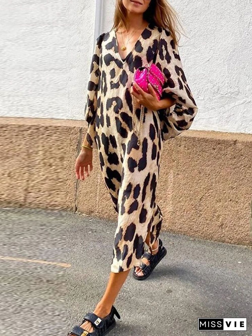 Fashion Leopard Print Loose Lantern Sleeve Dress Long Skirt