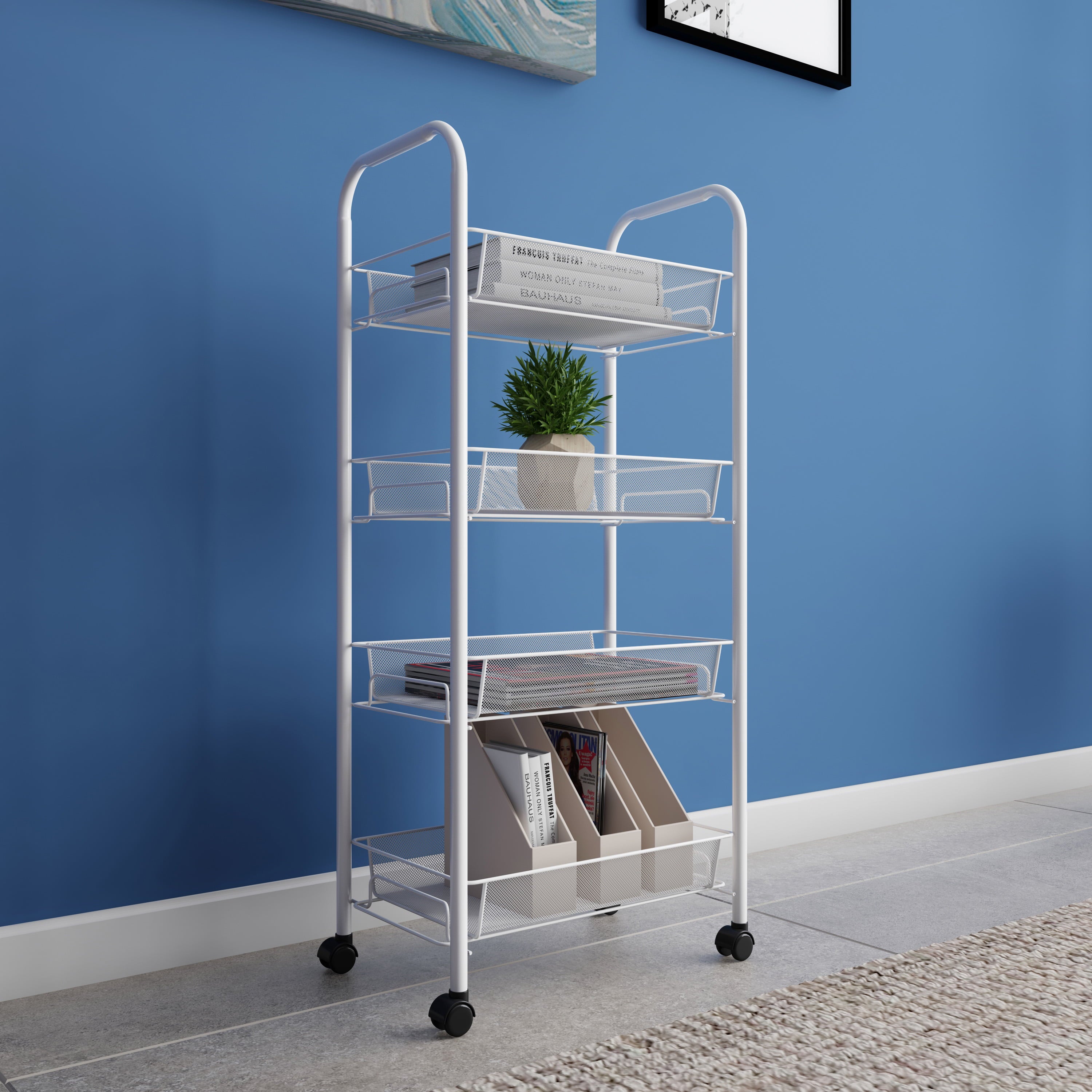 Lavish Home Narrow 4-Tier Rolling Cart for Home and Office Storage (White)