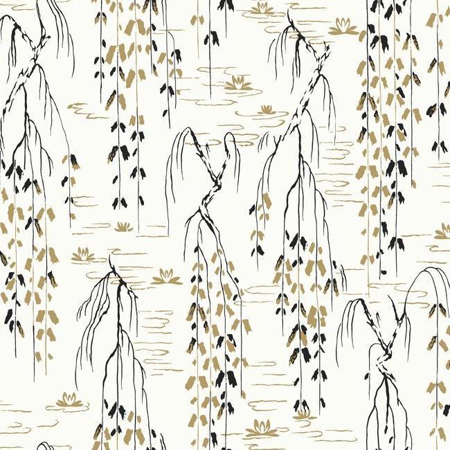 Willow Branches Wallpaper in Ivory, Black, and Gold from the Tea Garden Collection