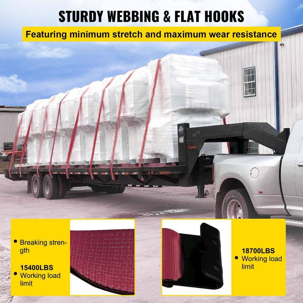 VEVOR Winch Straps 15400 lbs. Load Capacity Heavy Duty Flatbed Straps 4 in. x 30 ft. with a Flat Hook (Red 10-Pack) HSJDPGB4X3010L6TDV0