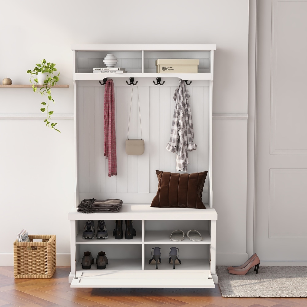 Entryway Hall Tree Shoe Cabinet with Coat Rack 4 Hooks and Storage Bench Shoe Cabinet