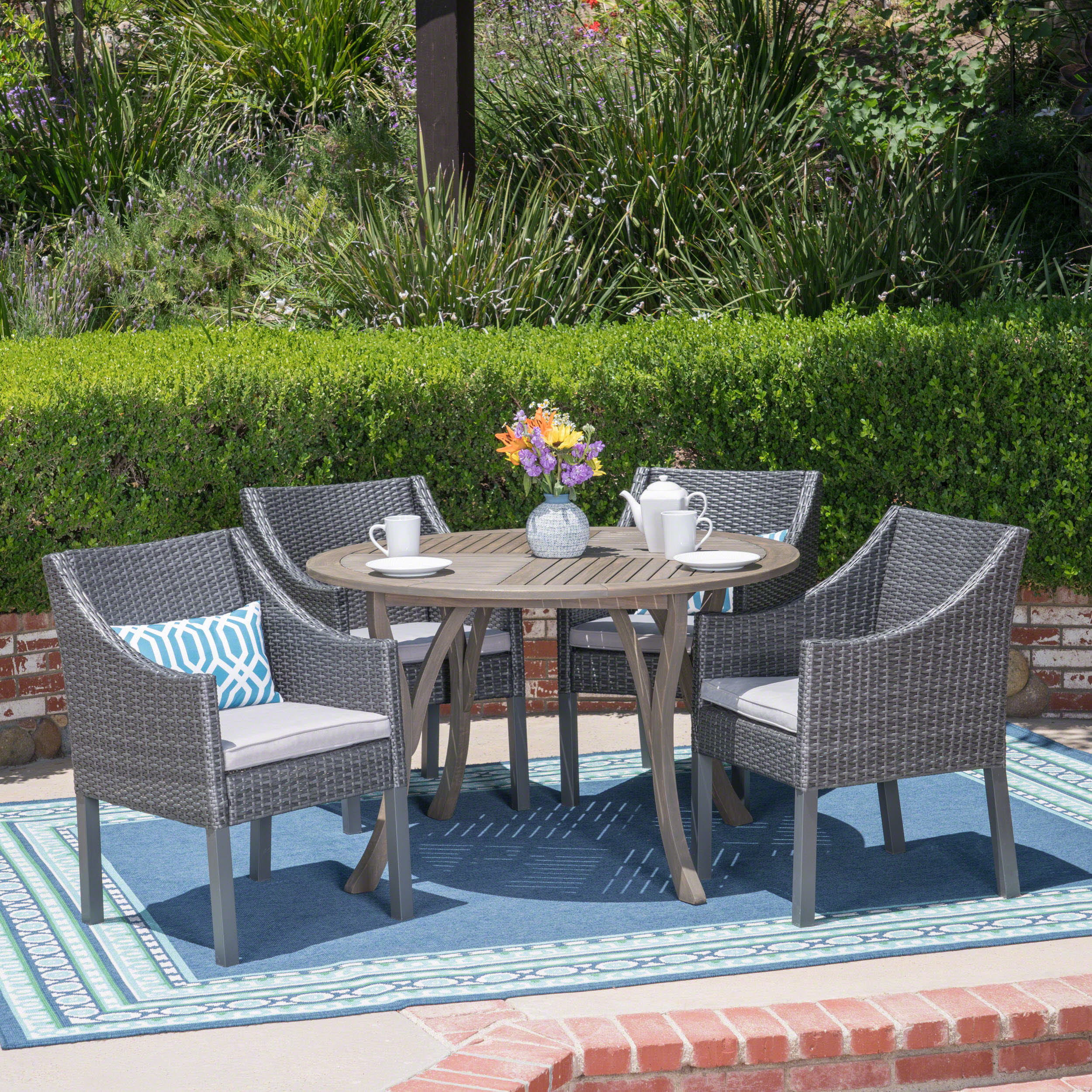 Tycie Outdoor 5 Piece Acacia Wood and Wicker Dining Set, Gray with Gray Chairs