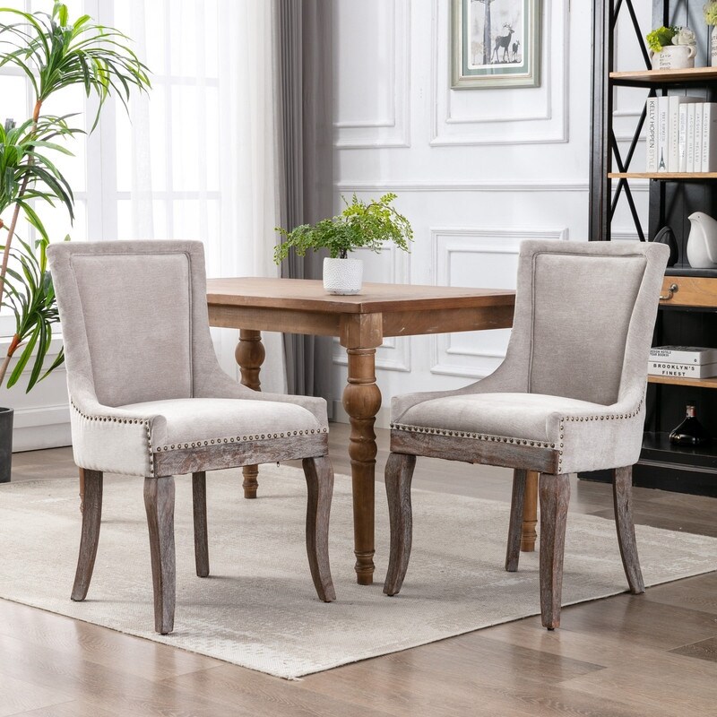 Grondin French Country Vintage Style Dining Chair Set of 2 with Linen Upholstery and Nail Head Trim Details