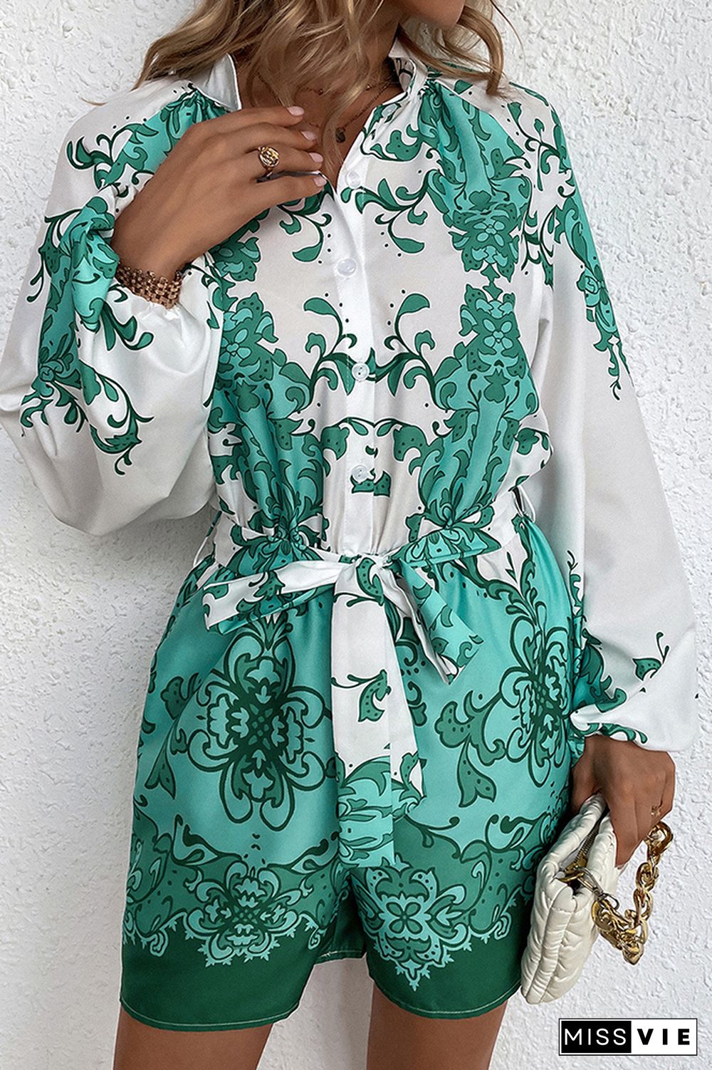 Green Puffy Sleeves Printed Rompers