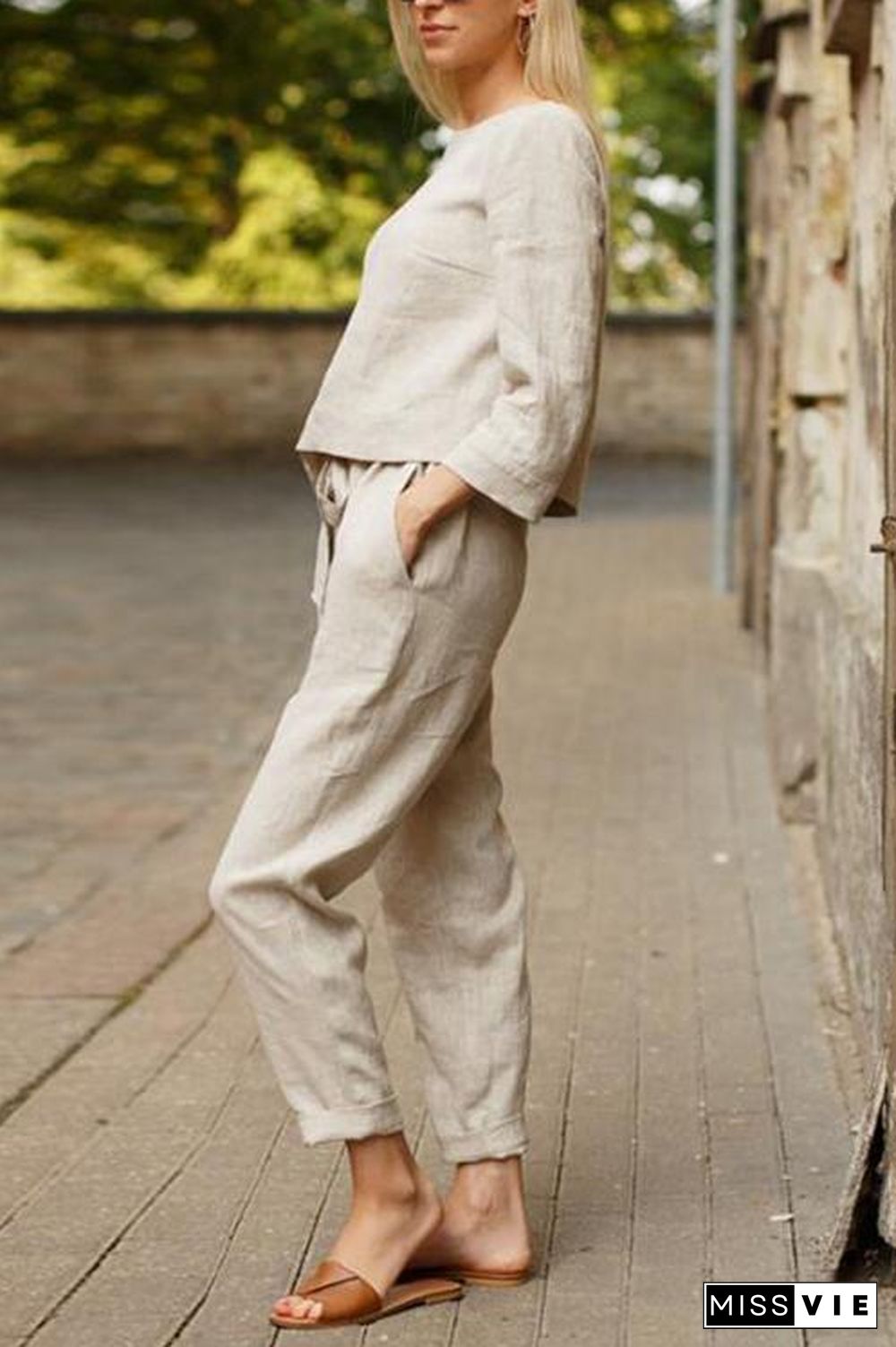 Linen O Neck Long Sleeve Pants Set