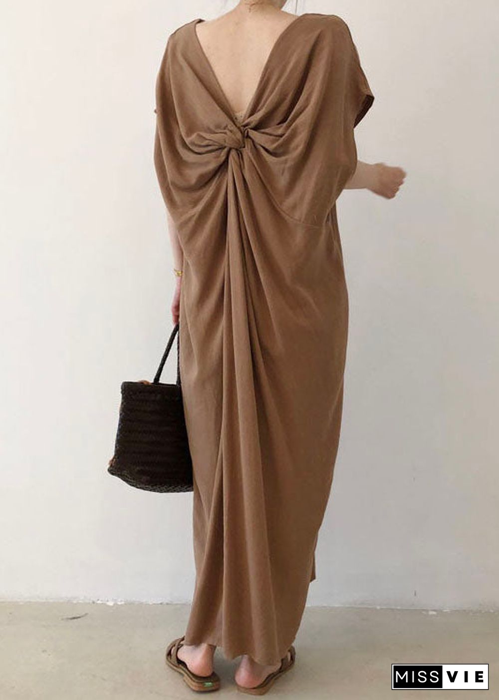 Elegant Chocolate Side Open Cotton Short Sleeve Long Dresses