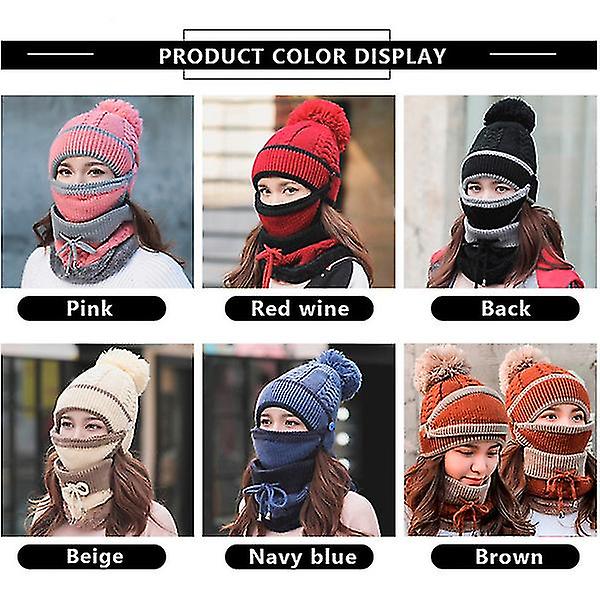 Women Winter Beanies Knitted Hat Thickened Woolen Cap With Warm Mask And Neck Scarf Three-piece 6 Colors