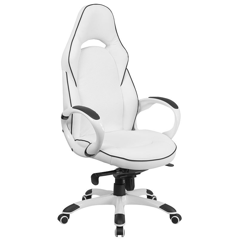 Emma and Oliver High Back White Vinyl/Black Trim Executive Swivel Office Chair with Arms