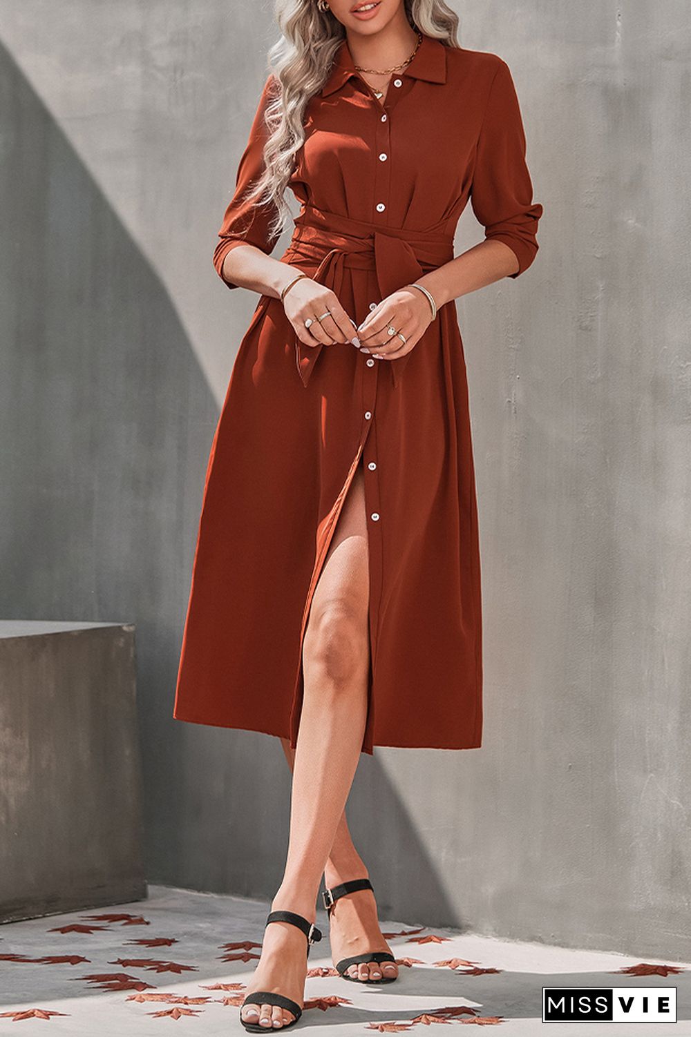 Open Button Waistbelt Shirt Midi Dress Wholesale