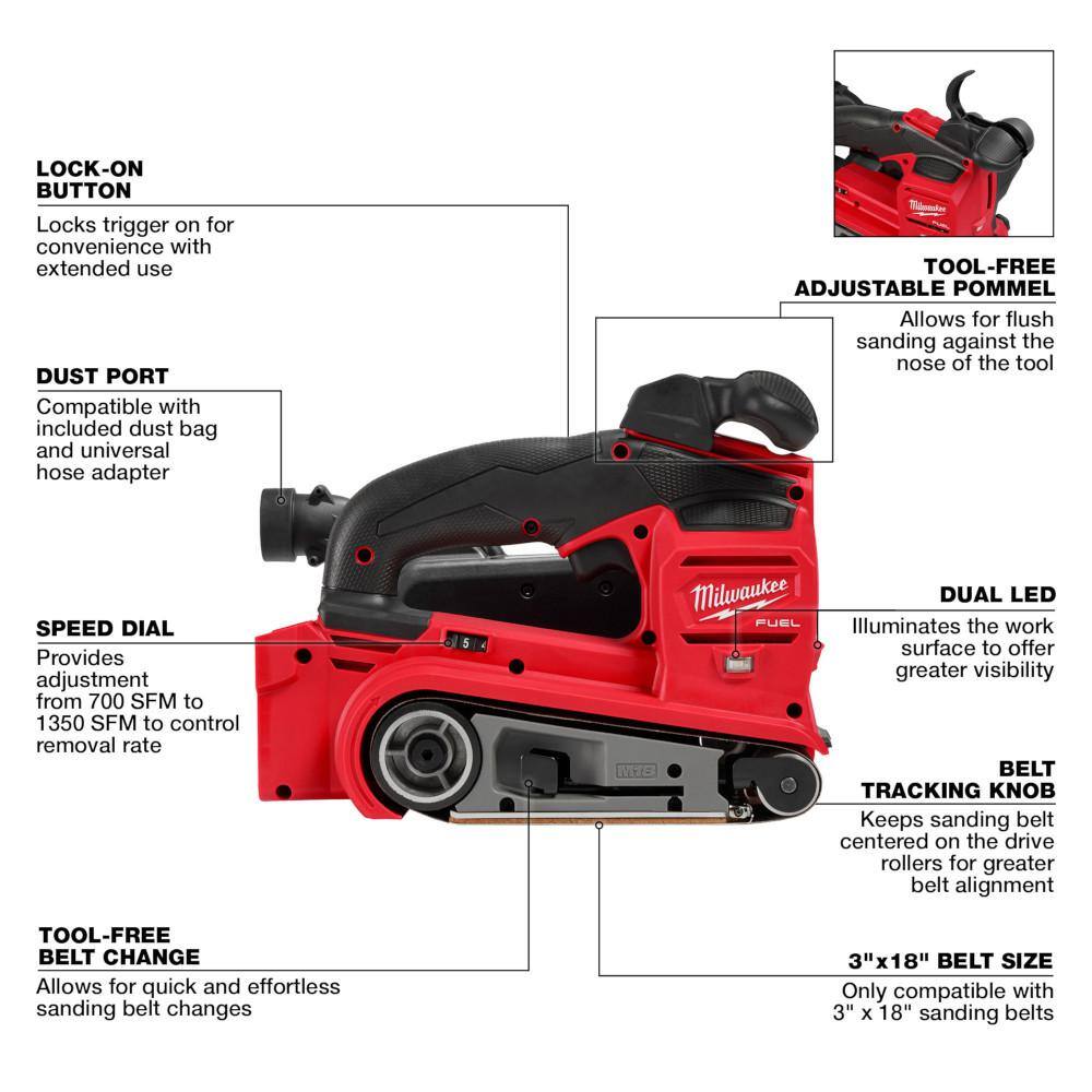 MW M18 FUEL 18-Volt Lithium-Ion Cordless Belt Sander WM18 FUEL Jigsaw 2832-20-2737-20