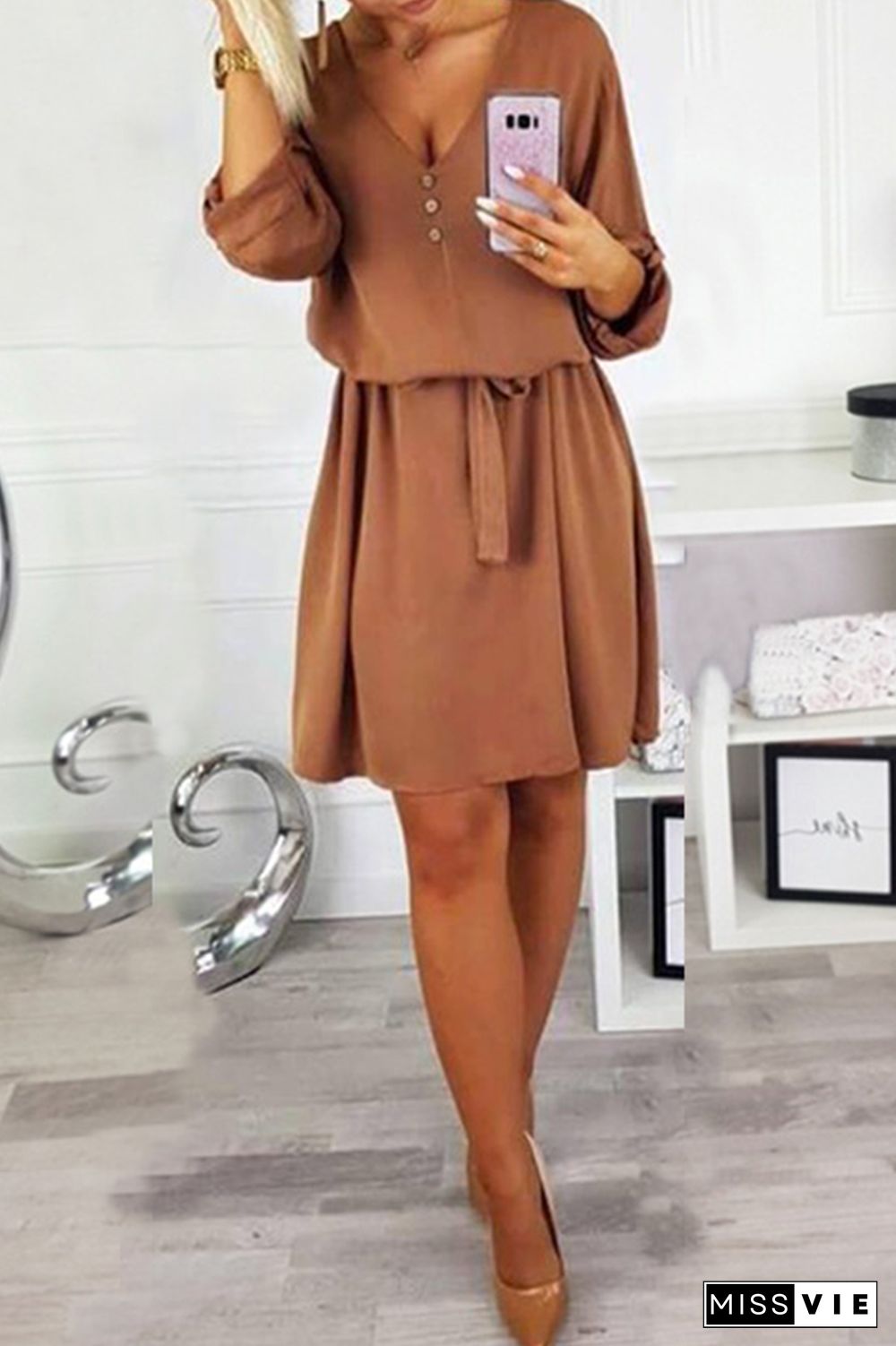 Fashion Casual Solid Buttons Strap Design V Neck Dresses