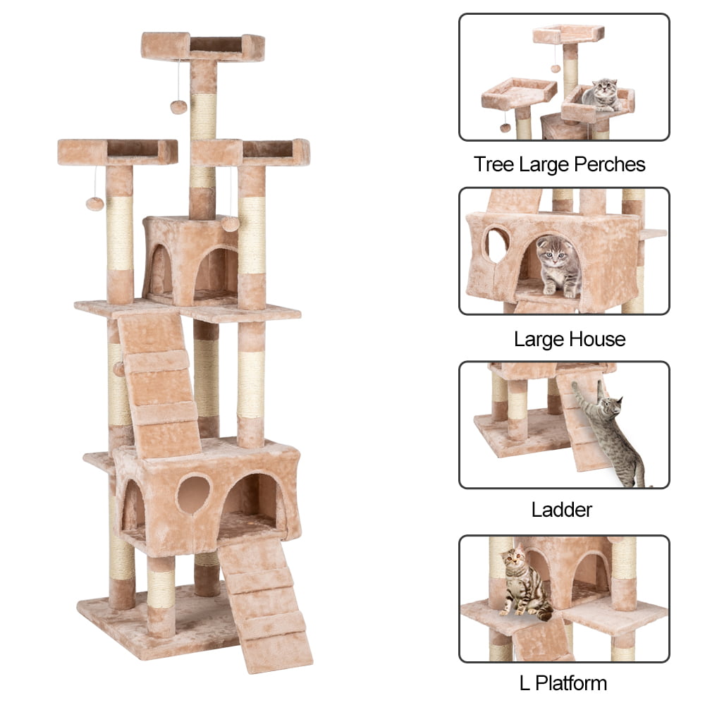 Pefilos 66" Cat Tree, Multi-Level Play House Climber Activity Centre, Cat Tower Stand Furniture with Scratching Posts Dangling Ball, Cat Condo for Kittens Cats and Pet, Beige