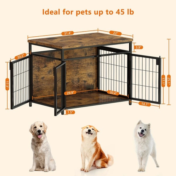 Grondin Rustic Industrial Style Wooden Dog Crate Dog Kennel with Three Lockable Doors， Indoor Pet Furniture Dog House End Table