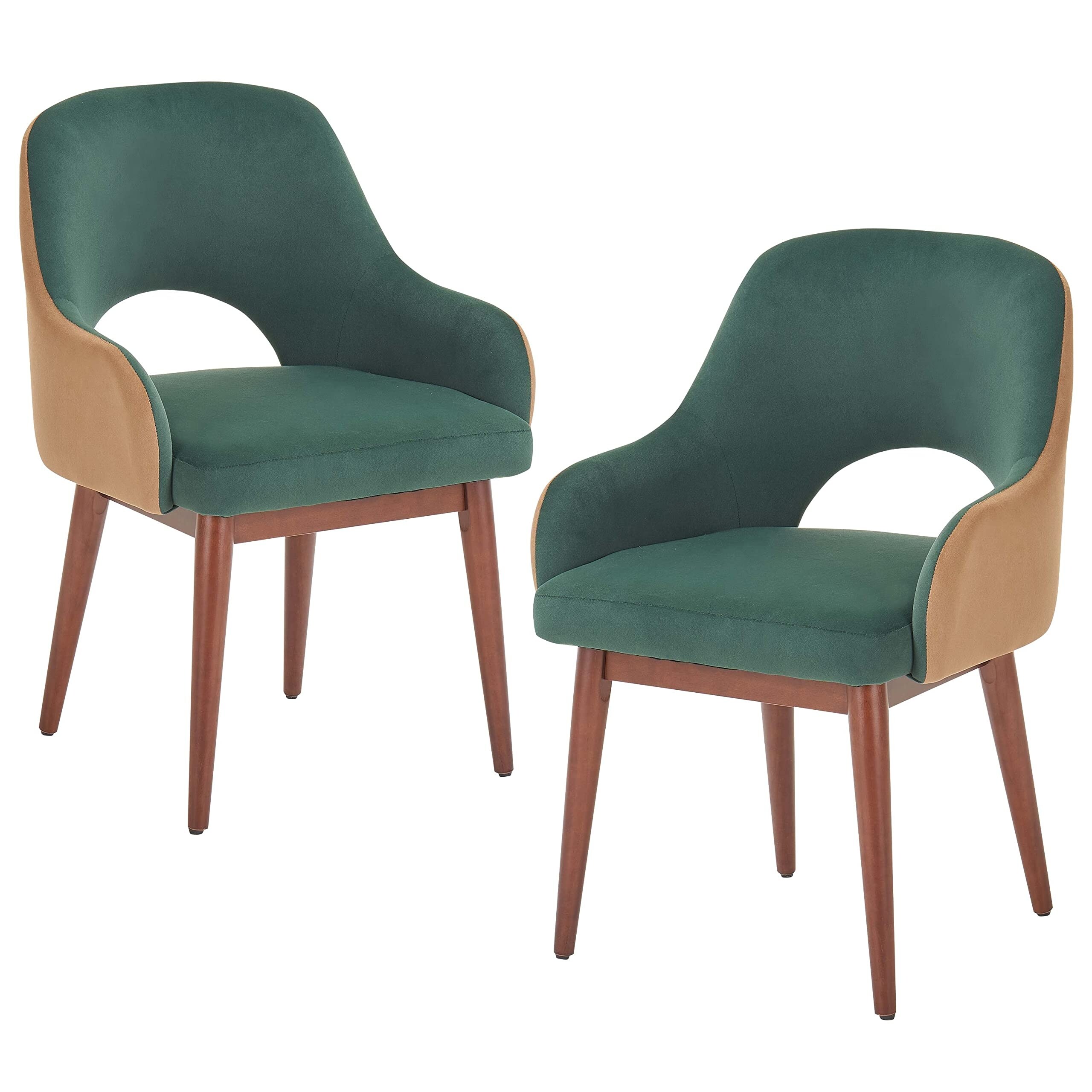 Dining Chairs Set of 2， Mid Century Upholstered Kitchen Chairs with Solid Wood Legs， Velvet Accent Arm Chairs with Hollow Back