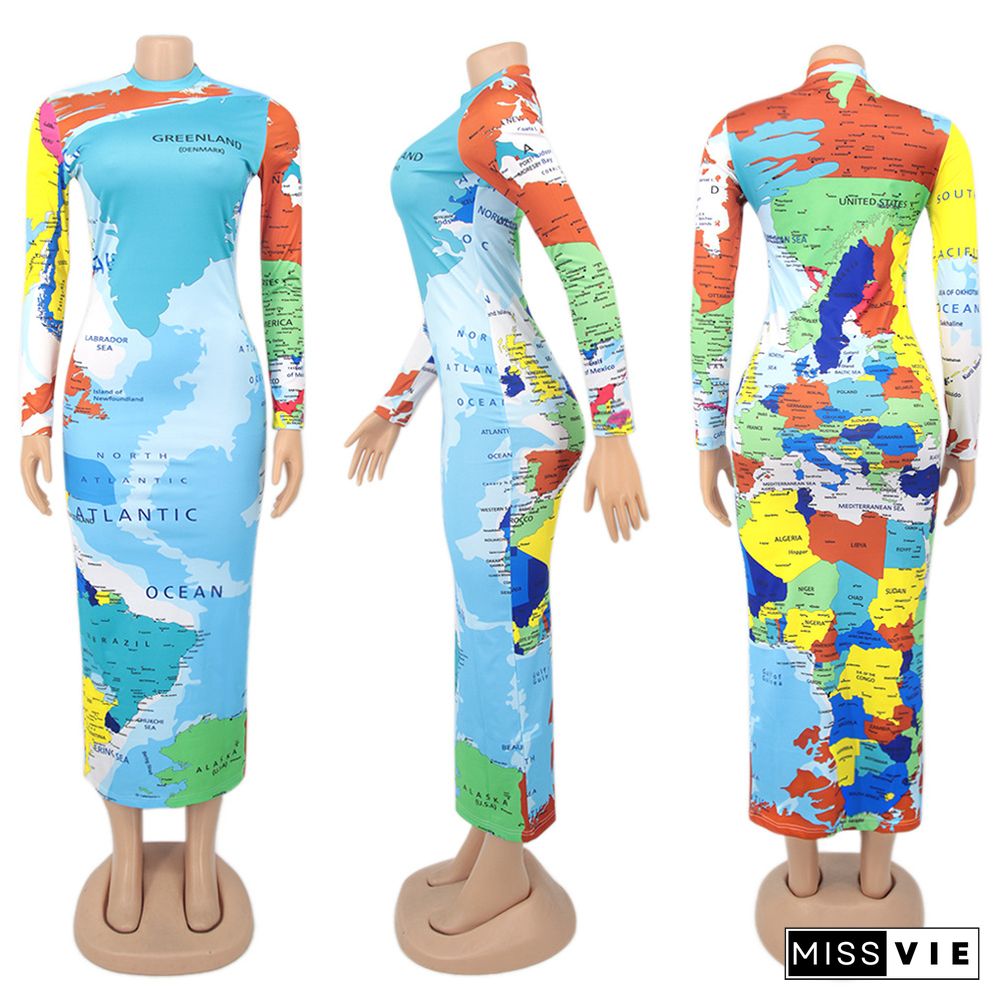 Sexy World Map Printed Long Sleeve Slim Bodycon Maxi Dresses