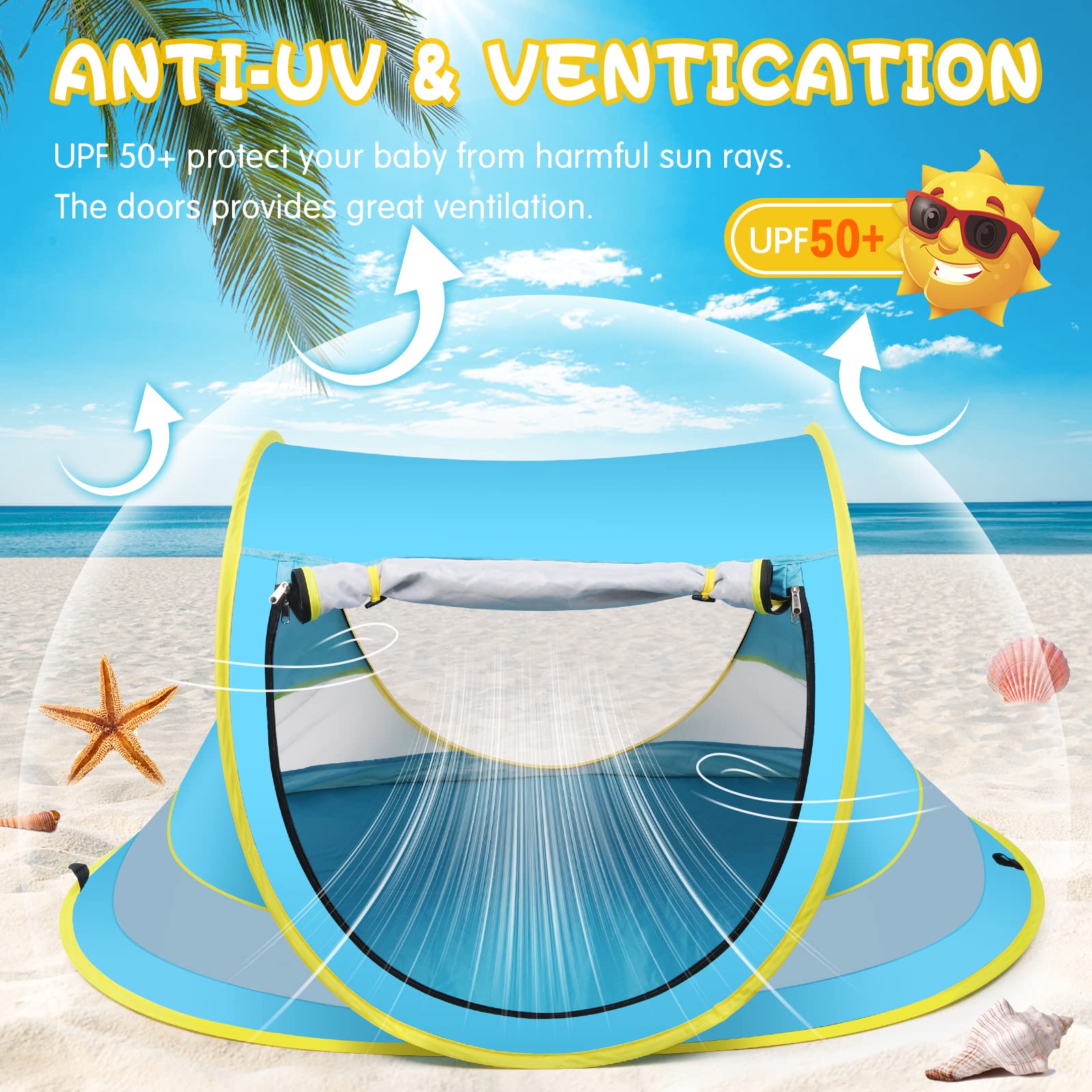 IMMEKEY Baby Beach Tent，Large Pop Up Sun Shade for Beach，Portable Baby Travel Tent with Mosquito Net，UPF 50+ UV Protection Sun Shelters for Infants Blue