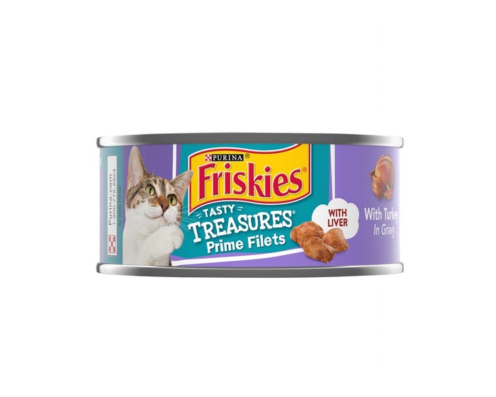 Purina Friskies Tasty Treasures Prime Filets Turkey with Liver in Gravy Adult Wet Cat Food， 5.5 oz. Can