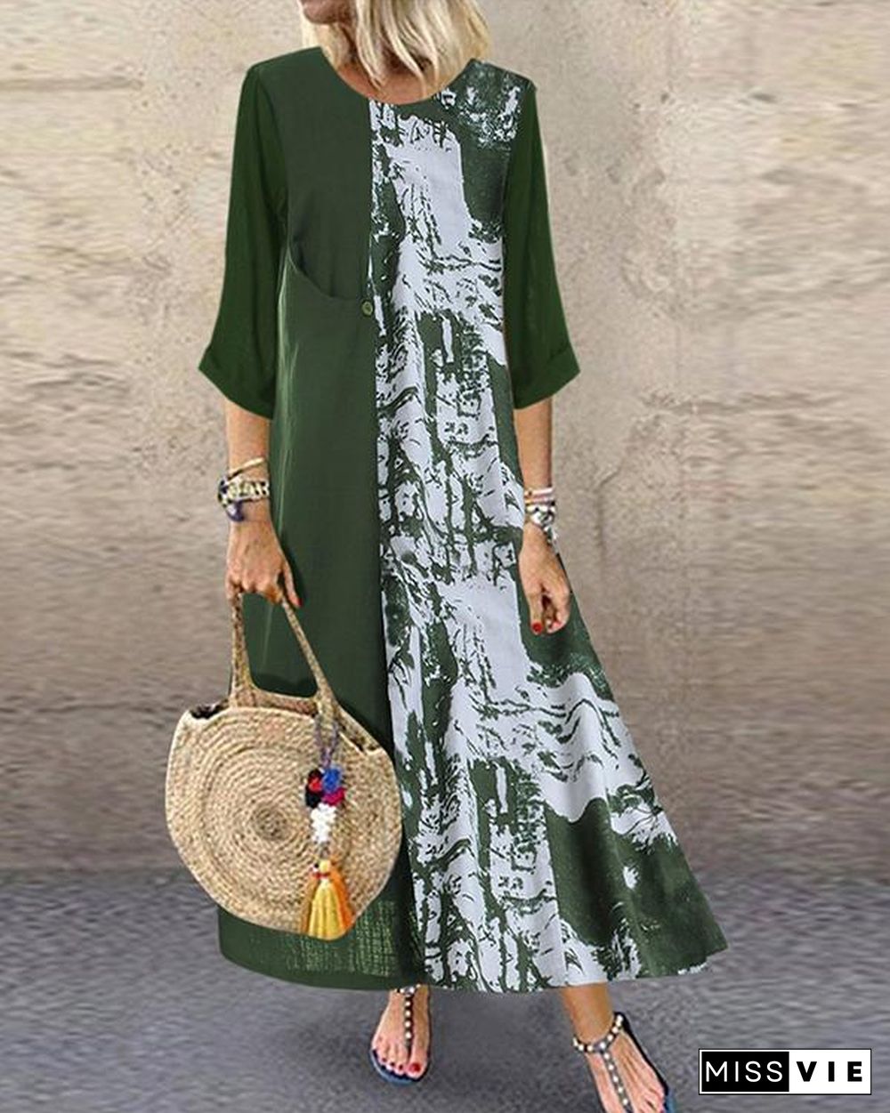 Vintage Crew  Neck Summer Long Sleeve Printed Long Sleeve  Maxi Dresses