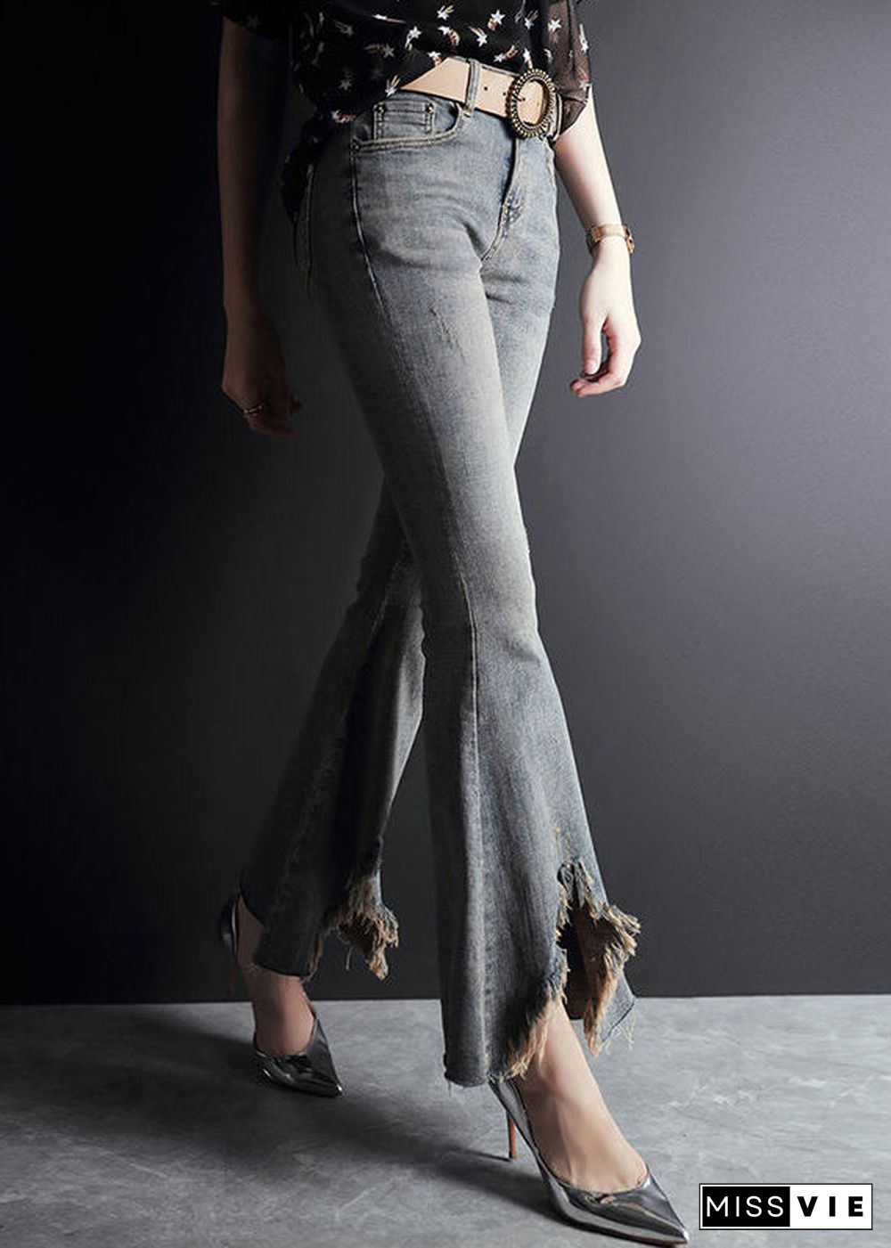 Fashion Light Blue Asymmetrical Pockets Cotton Denim Flare Pants Summer