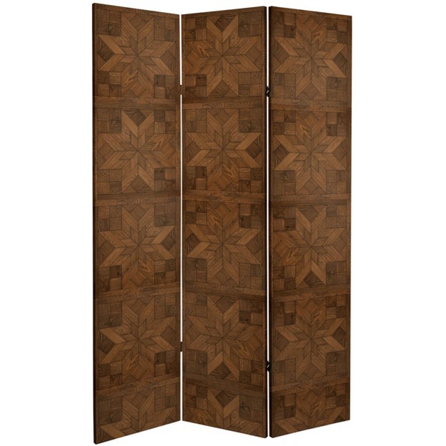 Double Sided Walnut Wood Pattern Canvas Room Divider Brown Oriental Furniture