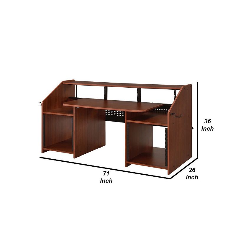 71 Inch Wood Music Desk Studio Workstation， 3 Shelves， Cherry Brown