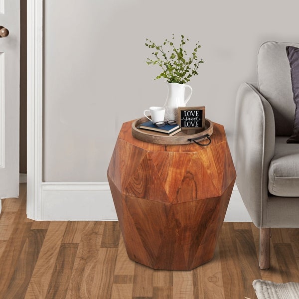 Bon 22 Inch Artisanal End Side Table， Multifaceted Solid Acacia Wood， Octagon Top， Warm Brown