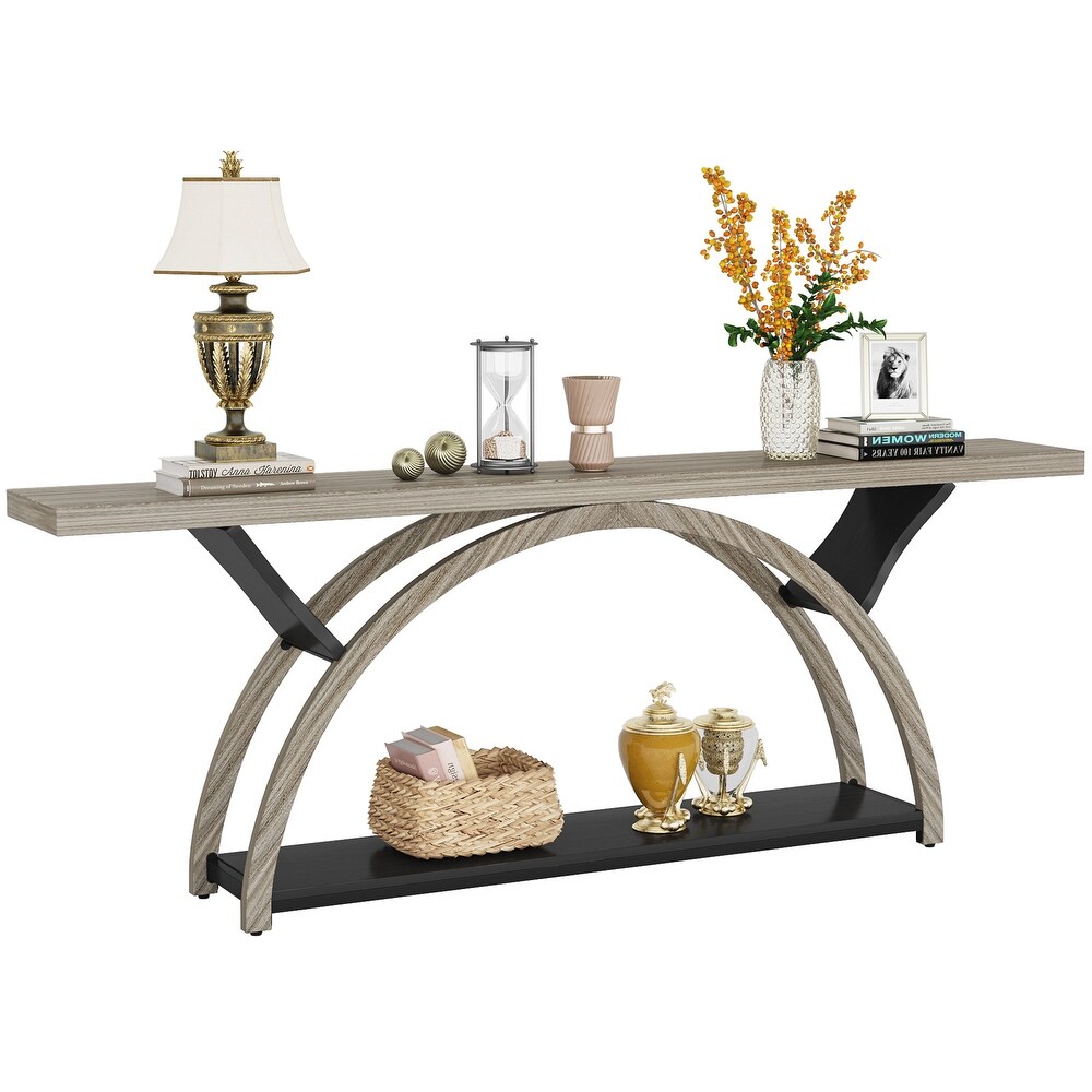 2 Tier Narrow Long Console Sofa Table with Semi Circular Frame for Entryway Gray Hallway Accent Tables