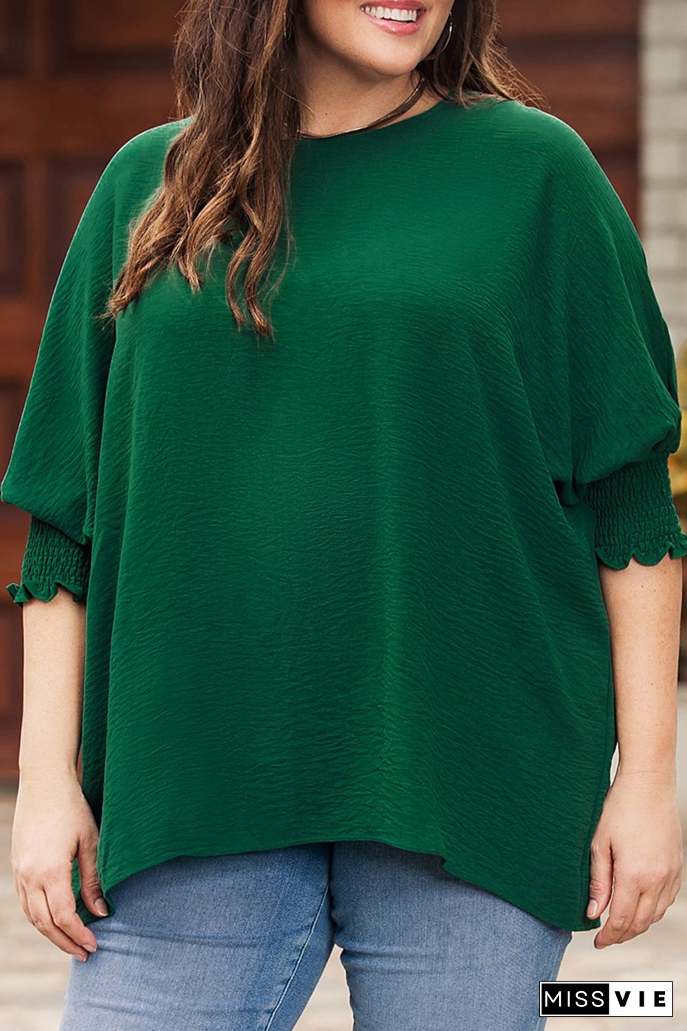 Green Crinkle Texture Puff Sleeve Plus Size Top