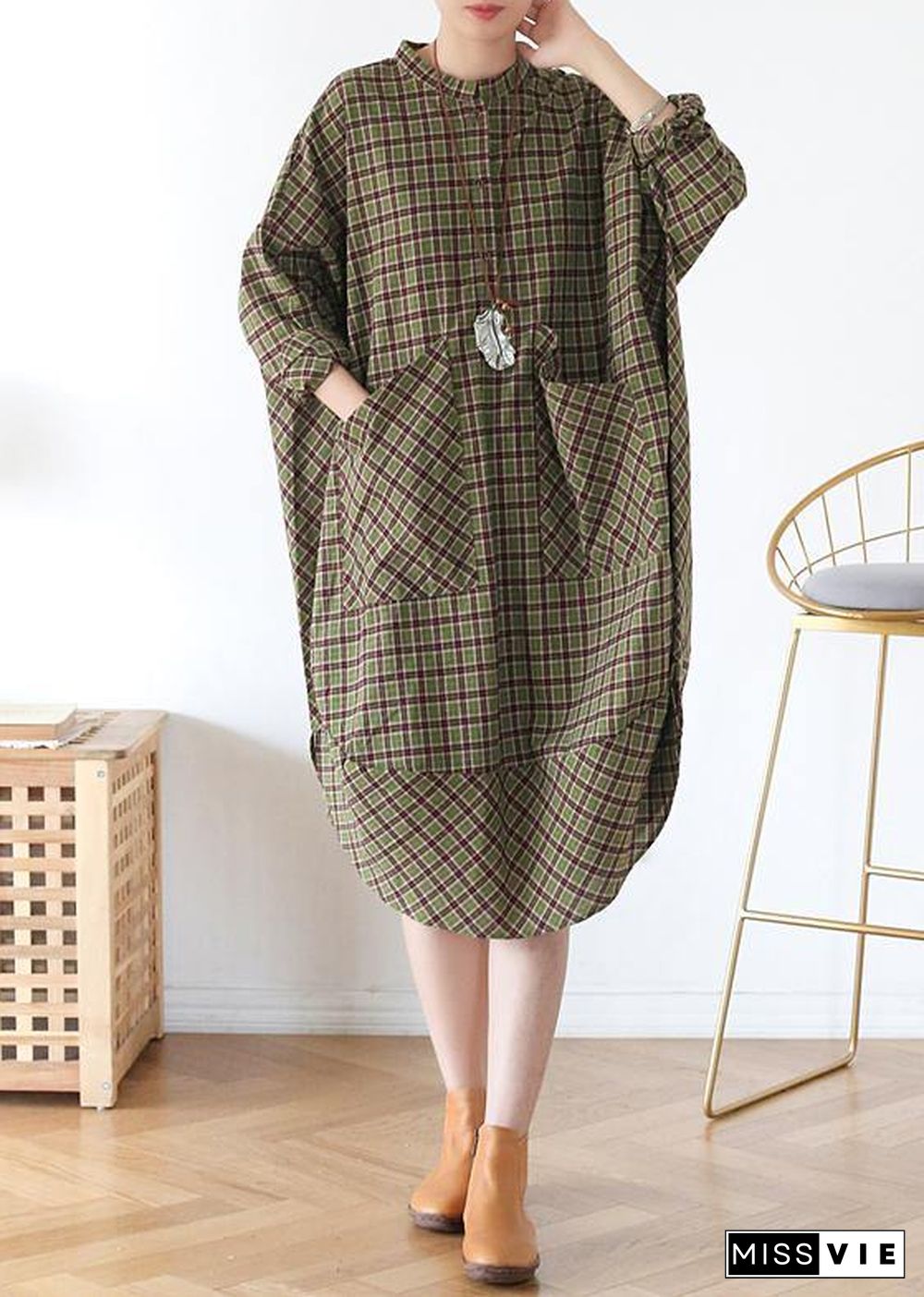 Women Green Plaid Long Shirt Mid Spring Cotton Dress