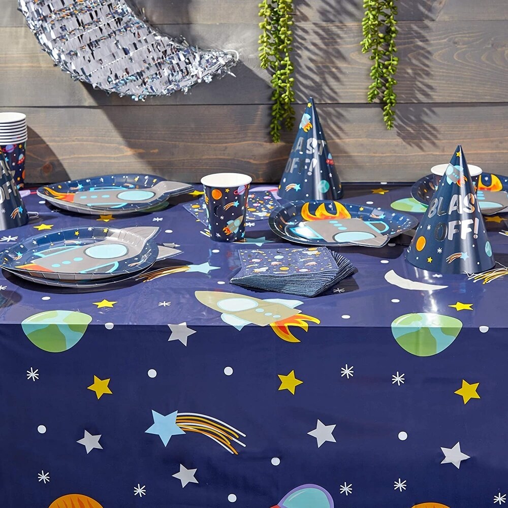 Outer Space Party Pack with Dinnerware  Hats  Banner  Tablecloths (Serves 24  99 Pieces)