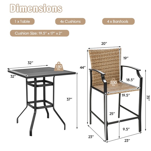 Tangkula 5pcs Patio Rattan Bar Set Wood Heavy duty Steel Frame Bistro Set With 4 Bar Stools For Poolside amp garden