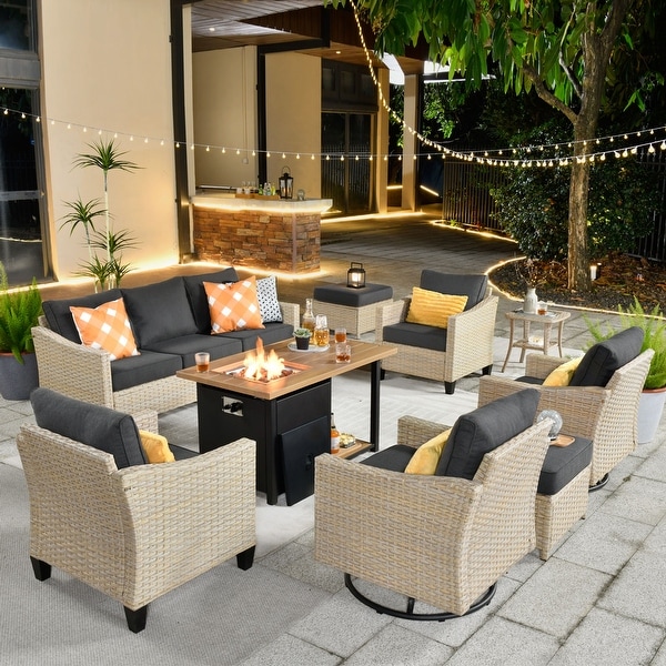 HOOOWOOO Outdoor Patio 9piece Wicker Rattan Furniture Set with Fire Pit Table