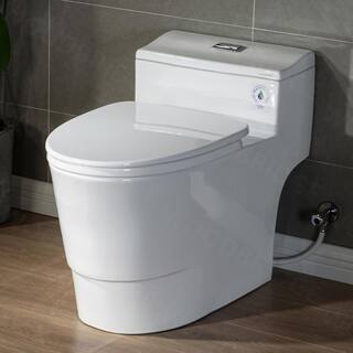 WOODBRIDGE 1-piece 1.28 GPF Conserver High Efficiency Dual Flush All-in-One Toilet with Soft Closed Seat Included in White HB0735