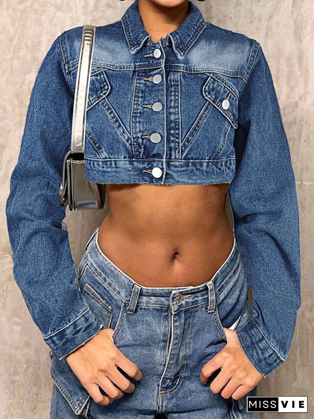 Short Denim Lapel Neck Crop Jacket