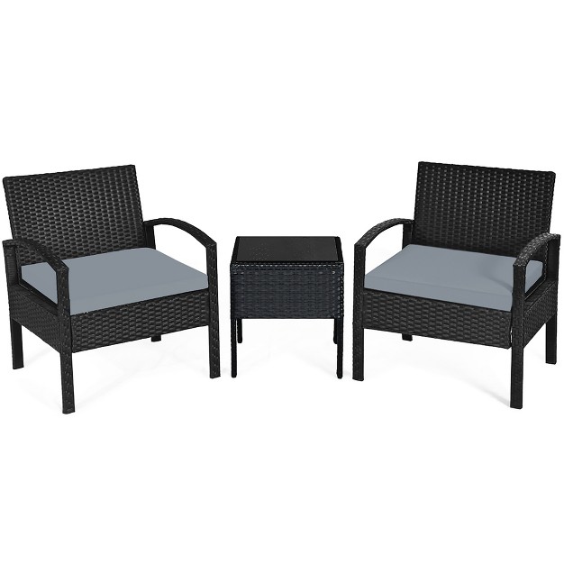 Costway 3pcs Patio Rattan Furniture Set Coffee Table Conversation Sofa Outdoor Cushioned Gray