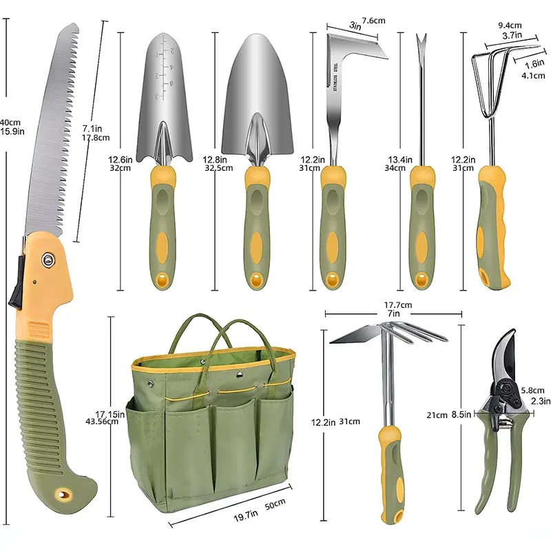 Garden Tool Set 9 Piece Stainless Steel Heavy Duty Green Gardening Hand Tools with Ergonomic Handle And Durable Garden Tool Bag