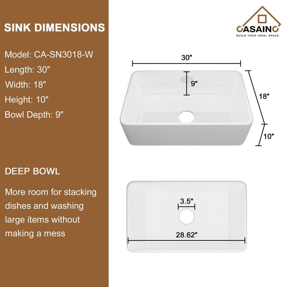 CASAINC White Fireclay 30 in. Single Bowl Farmhouse Apron Kitchen Sink with Two Function Spray Kitchen Faucet CA-W30-D0674BN