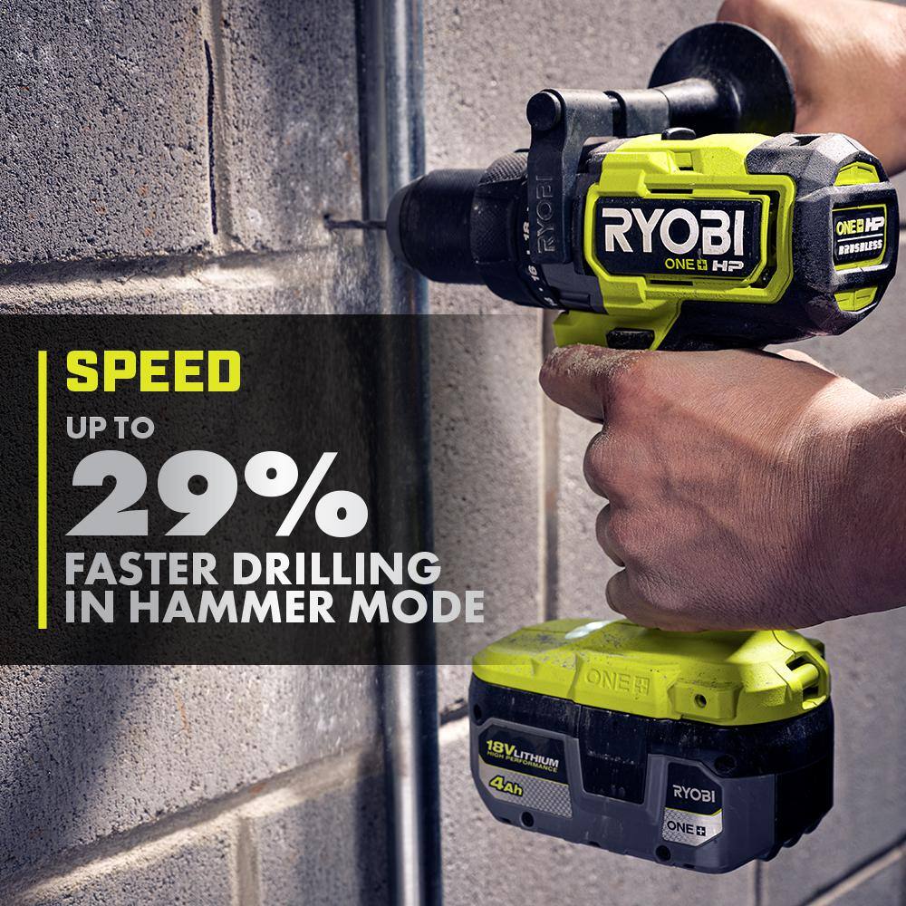 RYOBI ONE+ 18V HIGH PERFORMANCE Kit w (2) 4.0 Ah Batteries 2.0 Ah Battery 2-Port Charger  ONE+ HP Brushless Hammer Drill PSK023-PBLHM101B