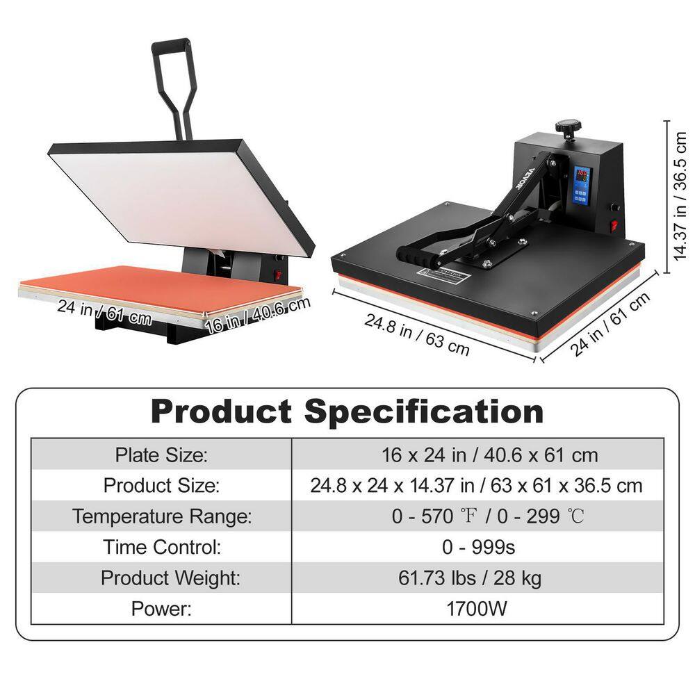 VEVOR Heat Press Machine 16 in. x 24 in. Clamshell Sublimation Transfer Printer Teflon Coated Silicone Sponge Powerpress GDSYD1624110VE26IV1